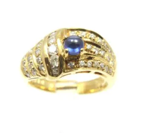 0.43CT GENIUNE CABOCHON SAPPHIRE & DIAMOND RING IN HEAVY SOLID 18K YELLOW GOLD
