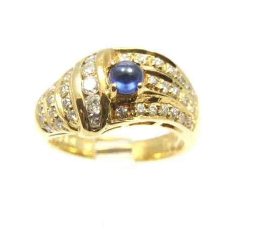 0.43CT GENIUNE CABOCHON SAPPHIRE & DIAMOND RING IN HEAVY SOLID 18K YELLOW GOLD