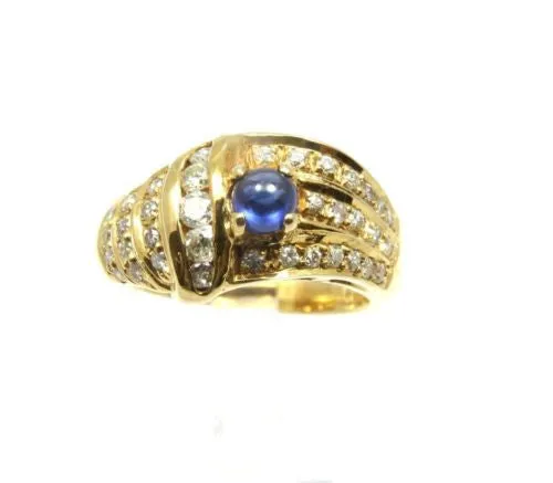 0.43CT GENIUNE CABOCHON SAPPHIRE & DIAMOND RING IN HEAVY SOLID 18K YELLOW GOLD