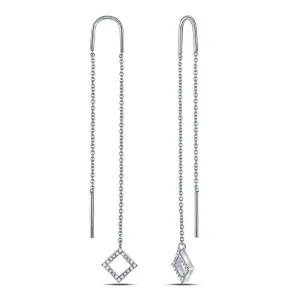 10K White Gold Round Diamond Threader Square Dangle Earrings 1/10 Cttw