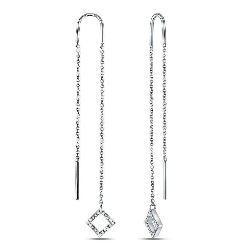 10K White Gold Round Diamond Threader Square Dangle Earrings 1/10 Cttw