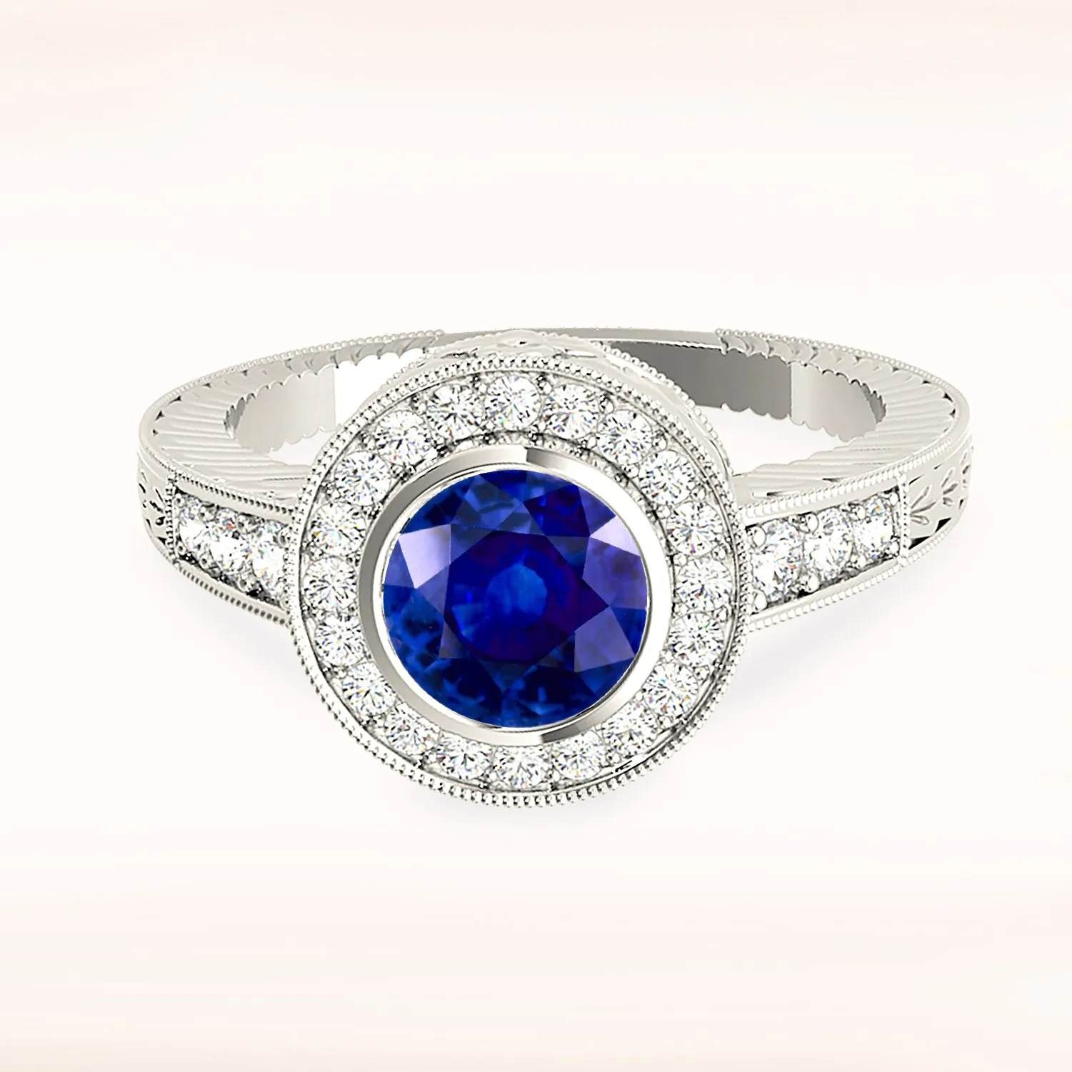 1.35 ct. Genuine Blue Sapphire Bezel Set Vintage Halo Ring