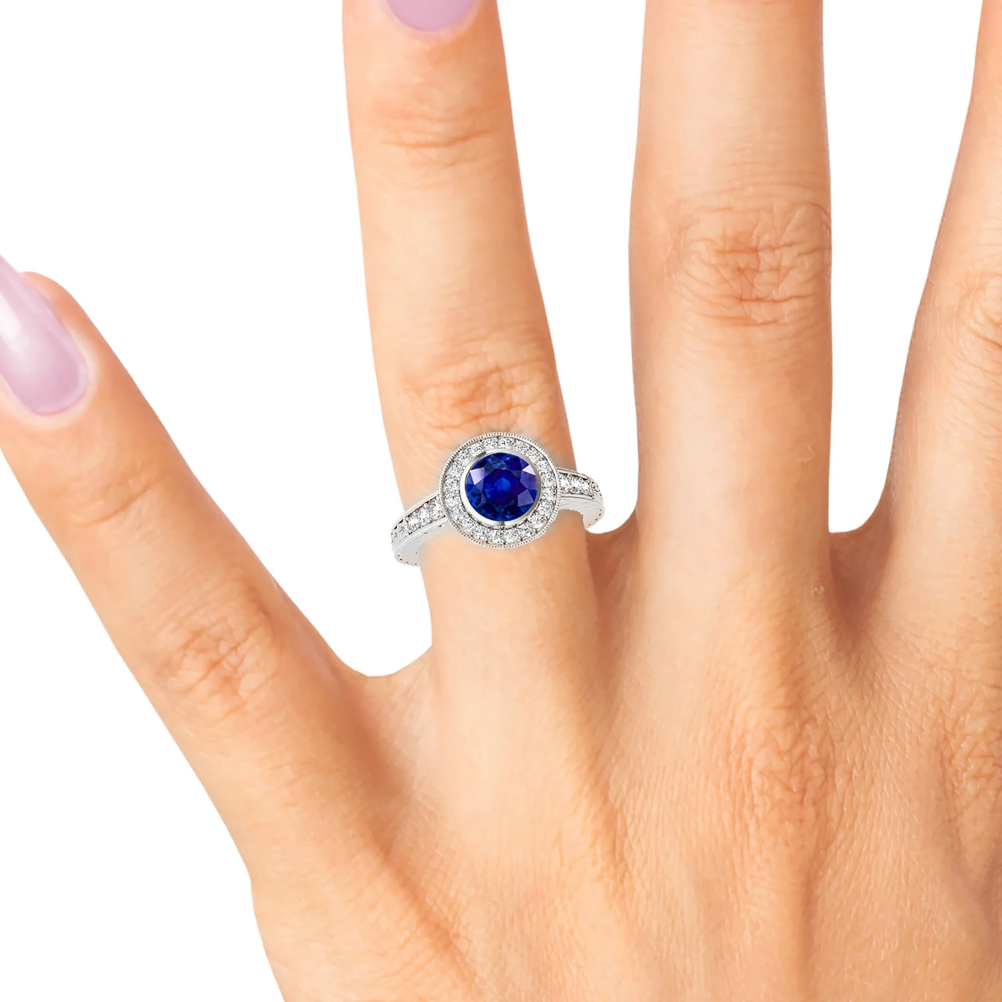 1.35 ct. Genuine Blue Sapphire Bezel Set Vintage Halo Ring