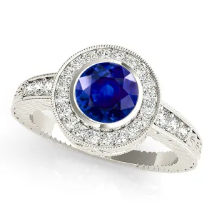 1.35 ct. Genuine Blue Sapphire Bezel Set Vintage Halo Ring