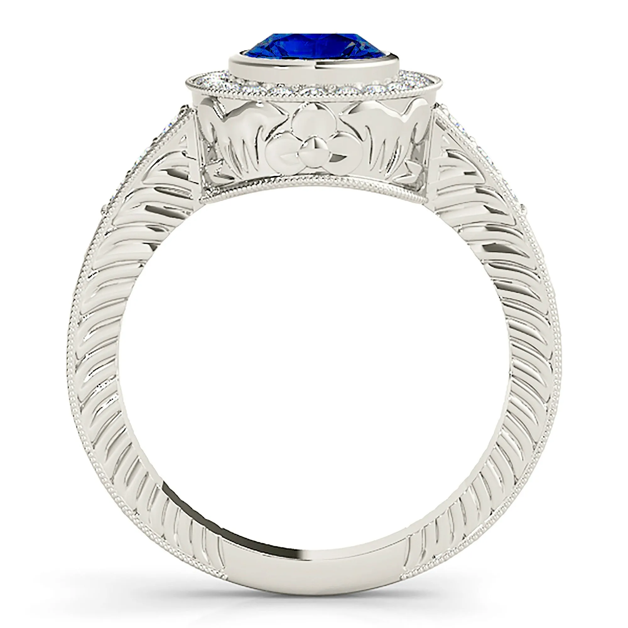1.35 ct. Genuine Blue Sapphire Bezel Set Vintage Halo Ring