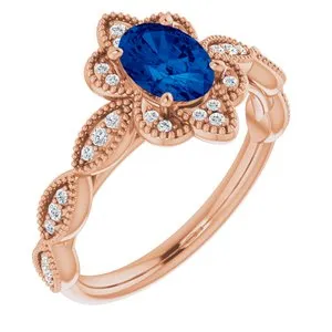 14K Rose Chatham® Created Blue Sapphire & 1/8 CTW Diamond Ring
