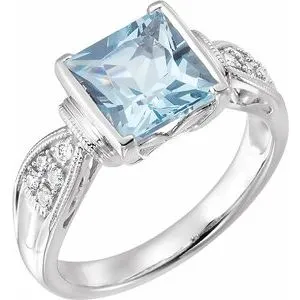 14K White Aquamarine & 1/8 CTW Diamond Ring