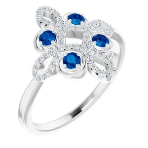 14K White Chatham® Created Blue Sapphire & 1/6 CTW Diamond Clover Ring