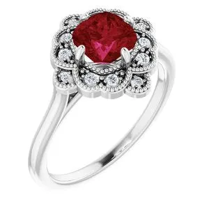 14K White Chatham® Lab-Created Ruby & .08 CTW Diamond Ring