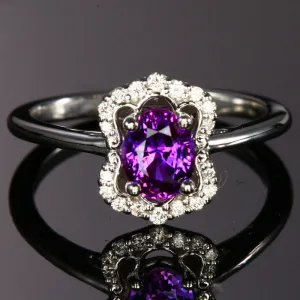 14K White Gold Oval Purple Sapphire Ring with Diamonds 1.04 Carats