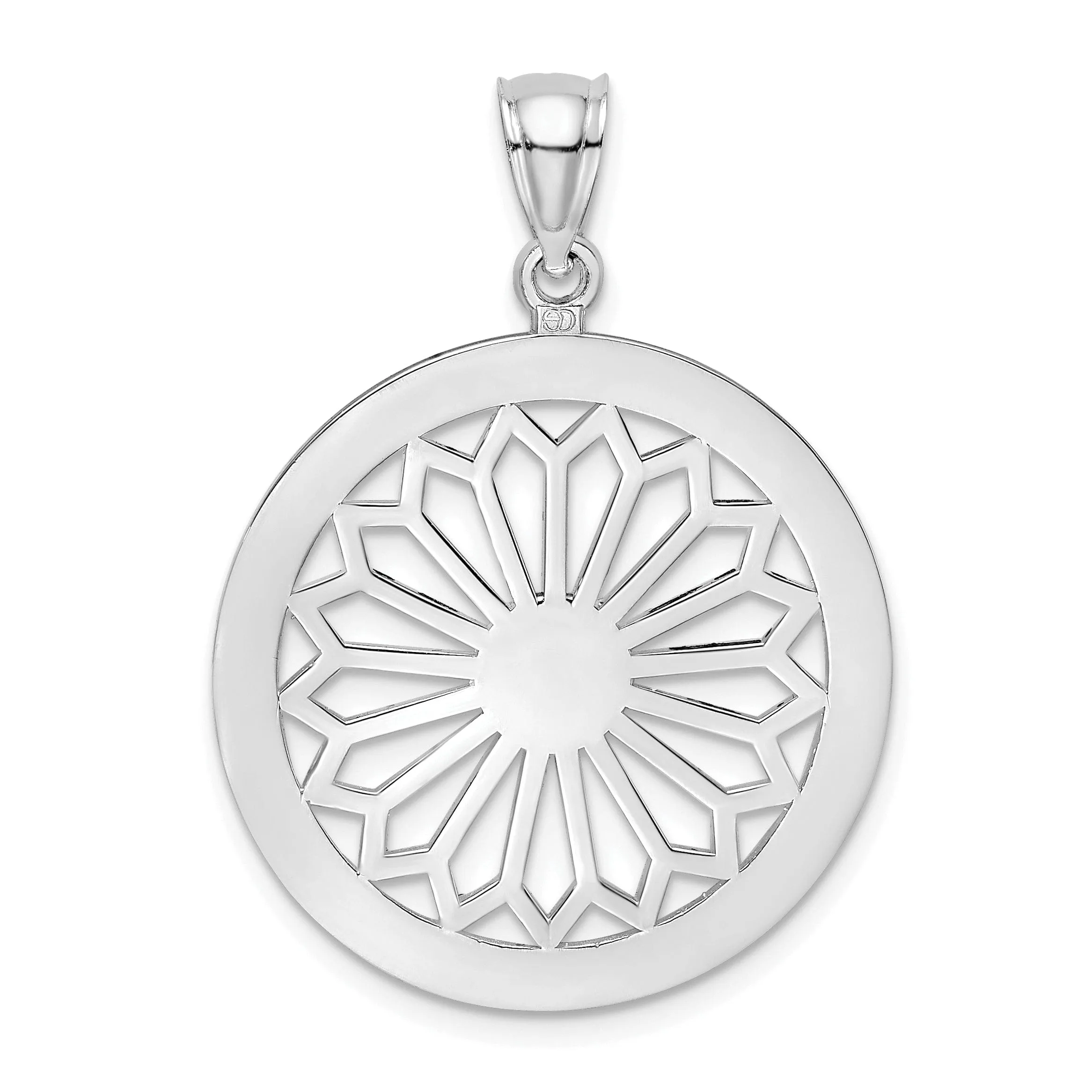 14K White Gold Polished Finish Retro Diasy In Round Frame Design Pendant
