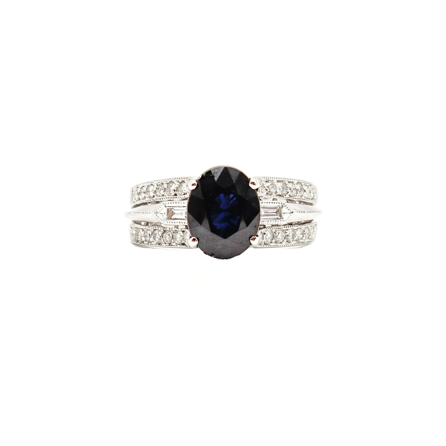 14K White Gold Sapphire And Diamonds Pave Wide Ring