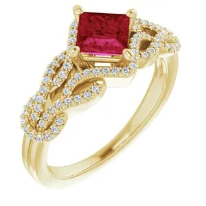 14K Yellow Chatham® Created Ruby & 1/5 CTW Diamond Ring