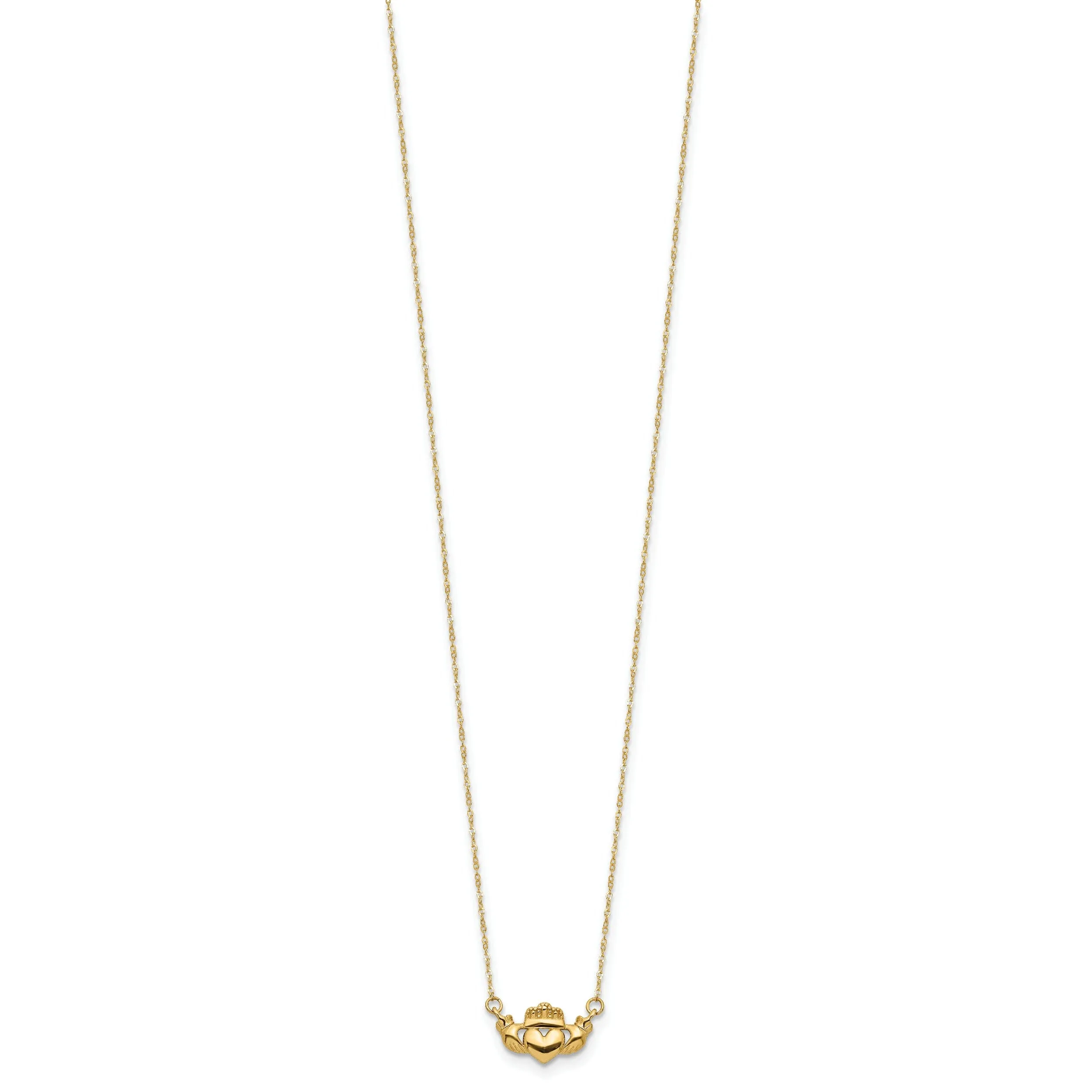 14K Yellow Gold Solid Polished Finish Claddagh Pendant Design in a 17-inch Cable Chain Necklace Set