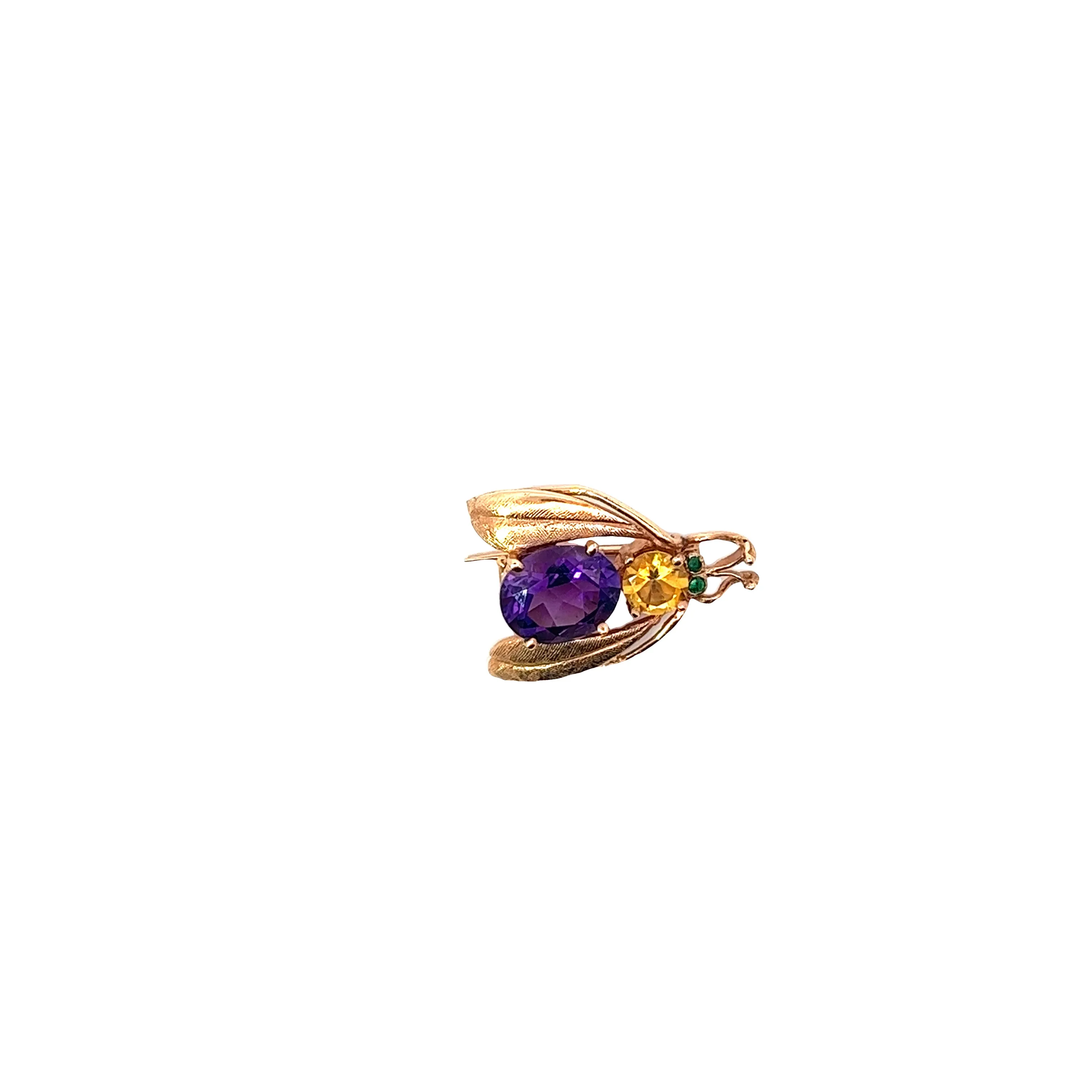 14k Yellow Gold Vintage Amethyst, Citrine, and Emerald Bug Necklace