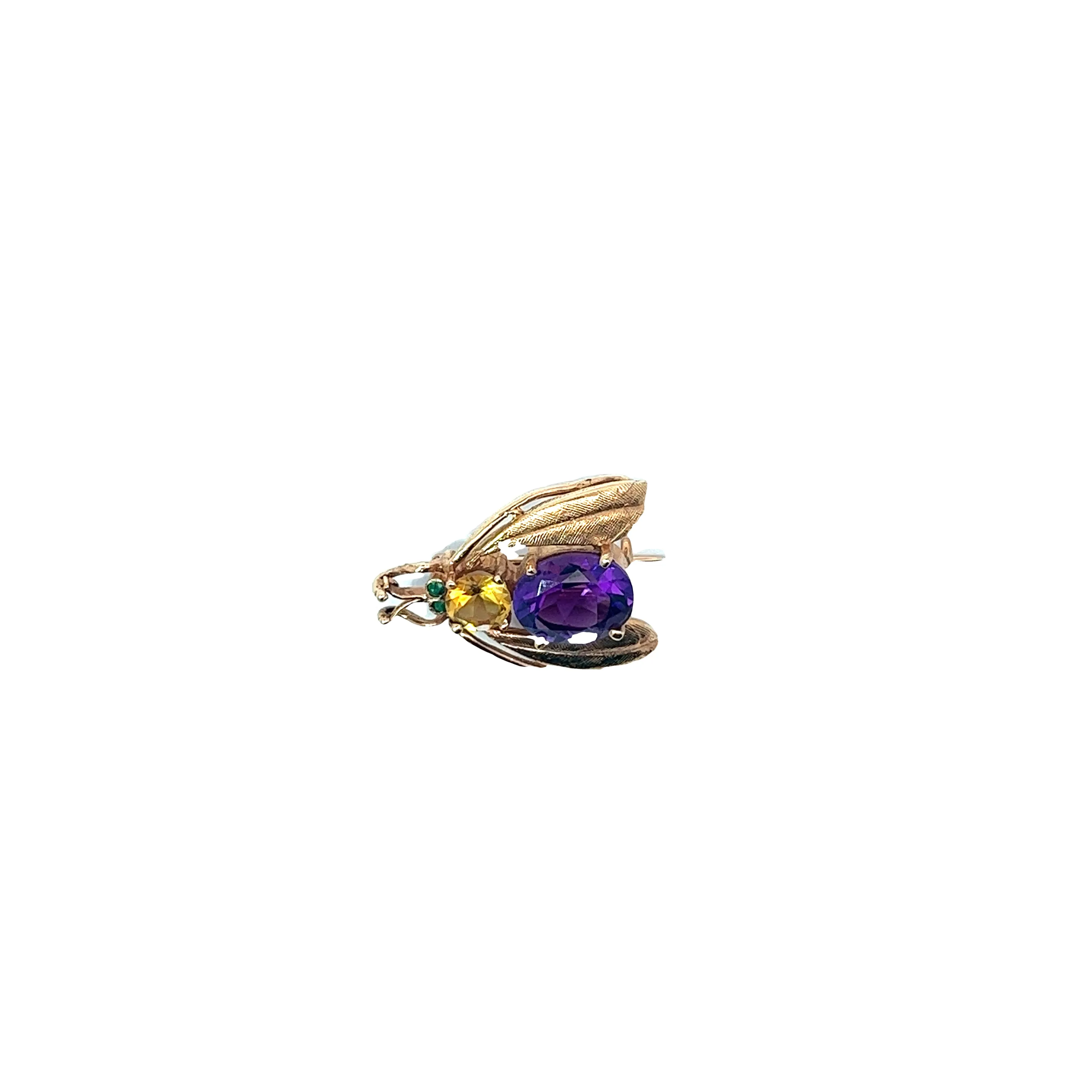 14k Yellow Gold Vintage Amethyst, Citrine, and Emerald Bug Necklace