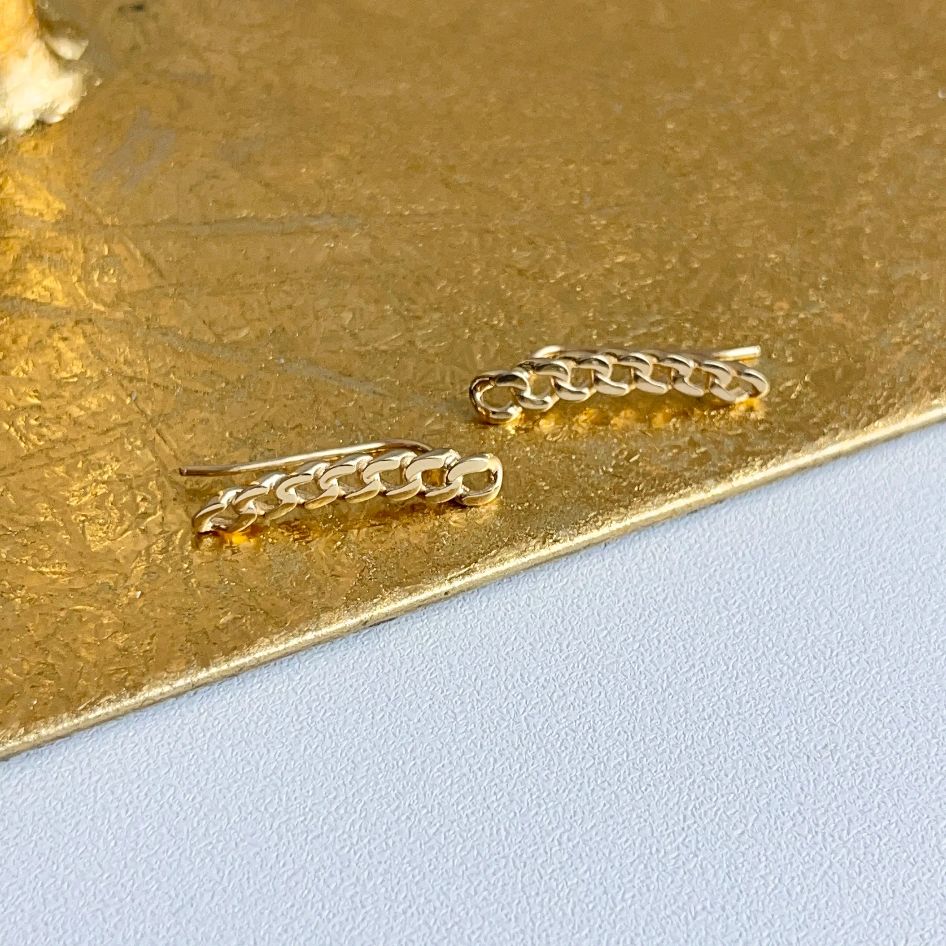 14KT Yellow Gold Curb Chain Link Dangle Ear Climber Earrings