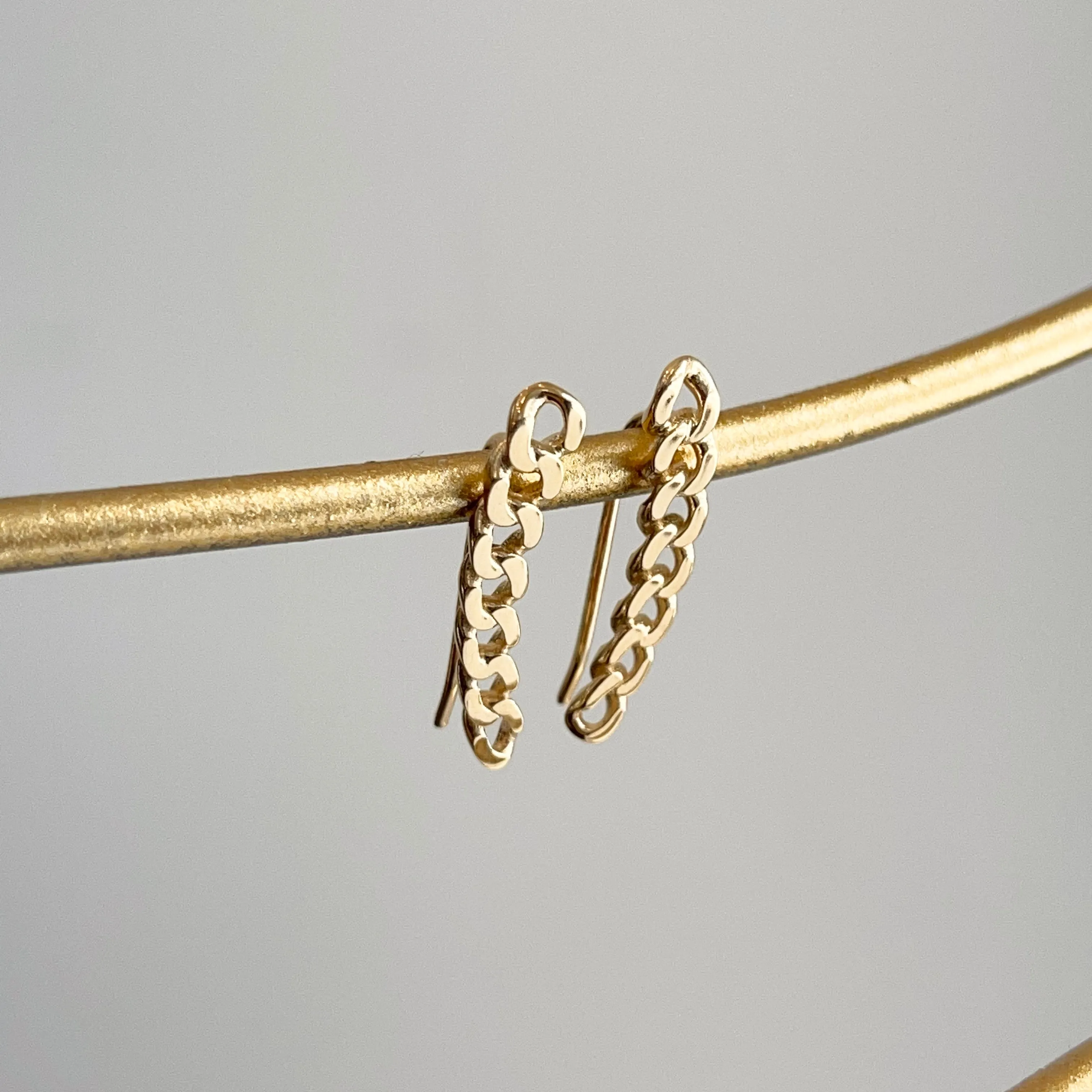 14KT Yellow Gold Curb Chain Link Dangle Ear Climber Earrings