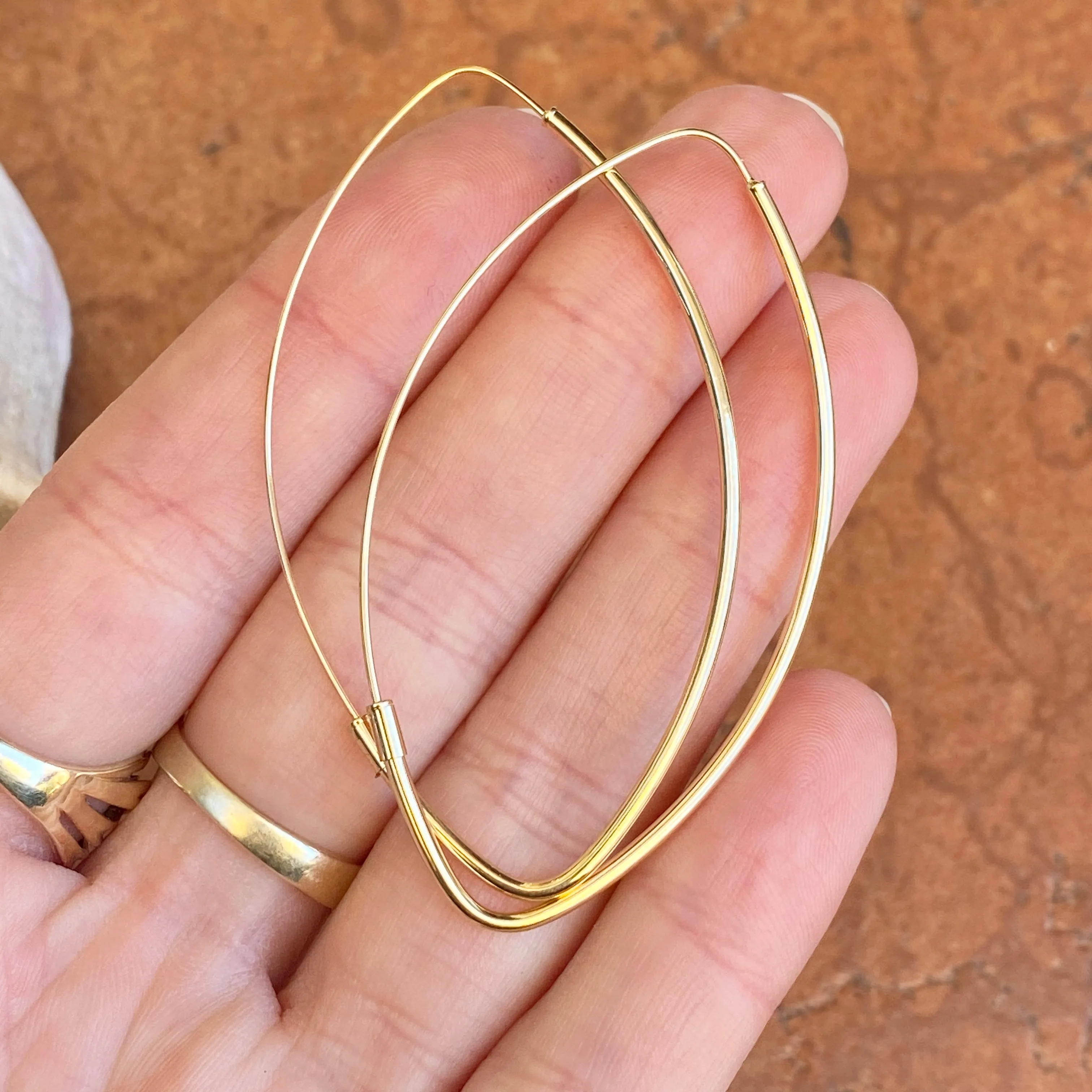 14KT Yellow Gold Polished Marquise Threader Hoop Earrings 59mm