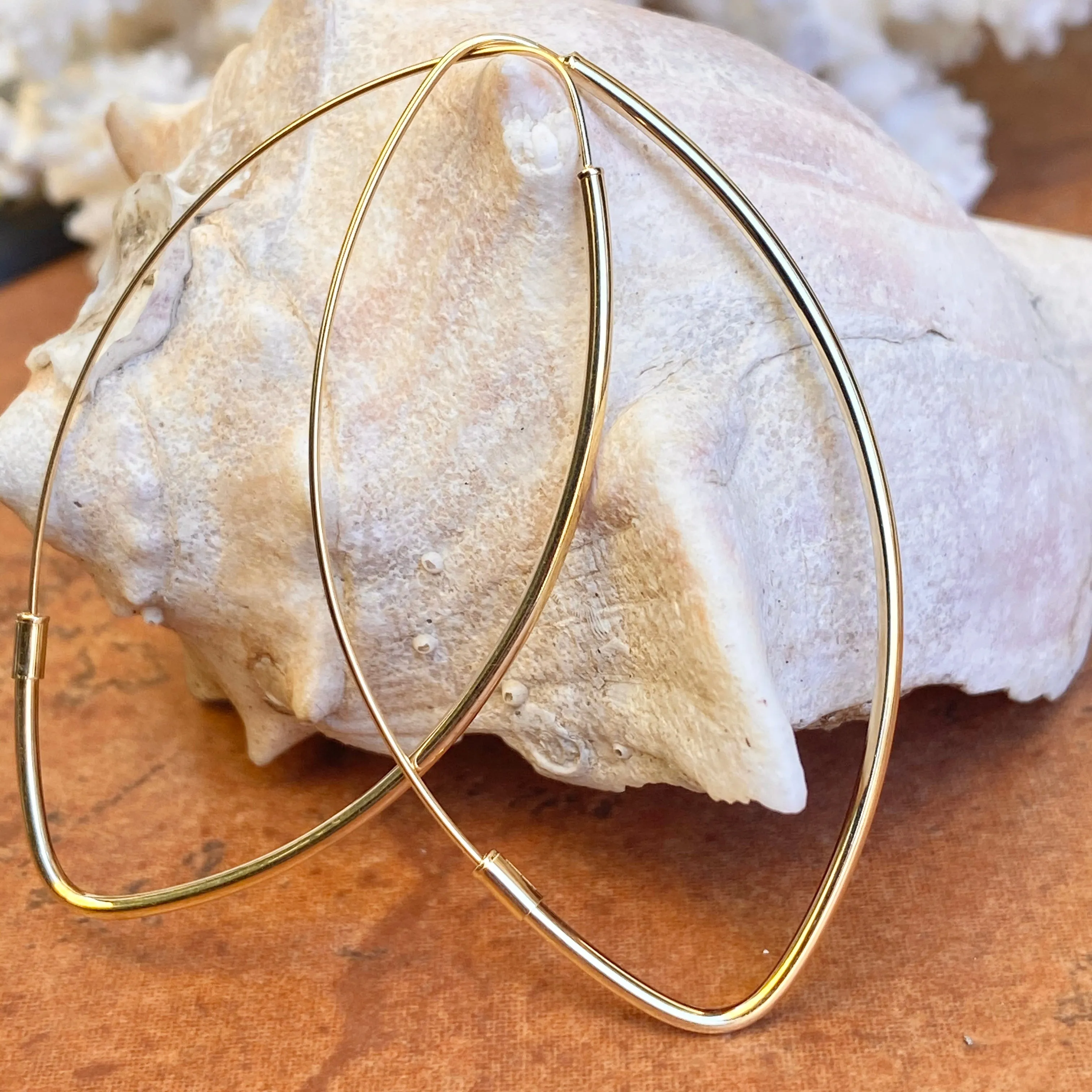 14KT Yellow Gold Polished Marquise Threader Hoop Earrings 59mm
