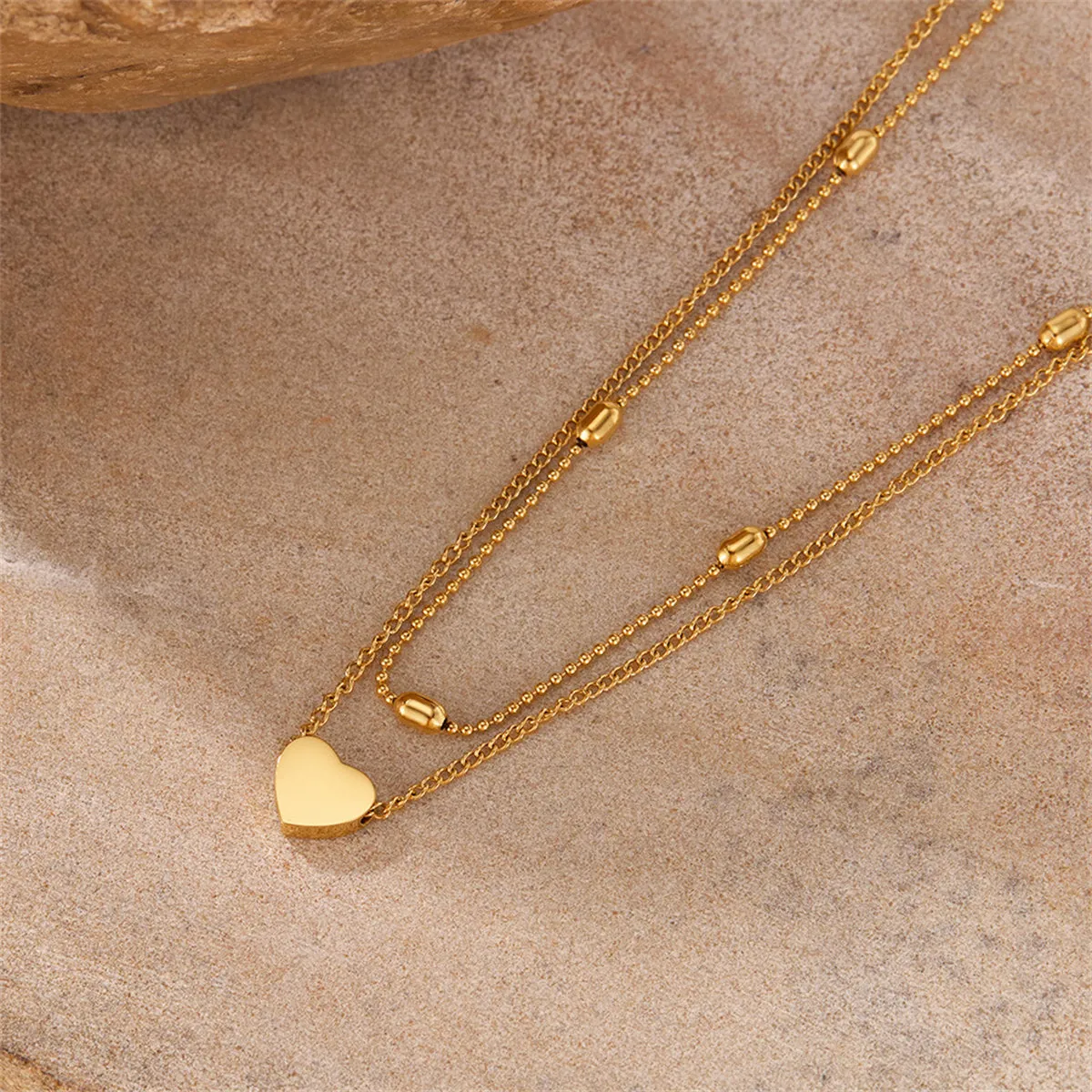 18K Gold-Plated Beaded Choker Necklace & Heart Pendant Necklace