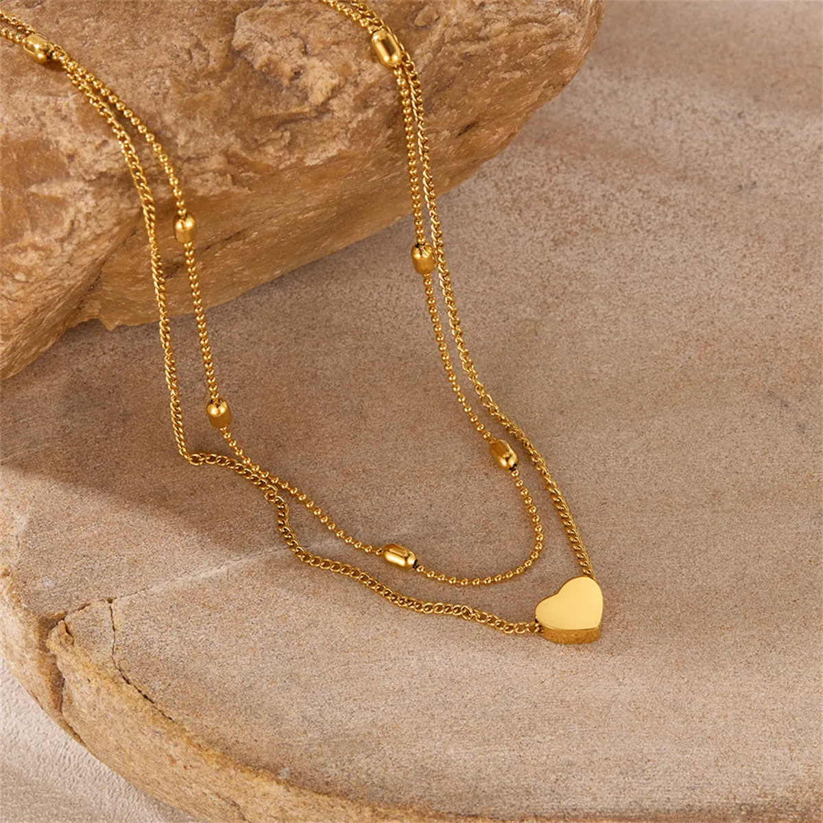 18K Gold-Plated Beaded Choker Necklace & Heart Pendant Necklace