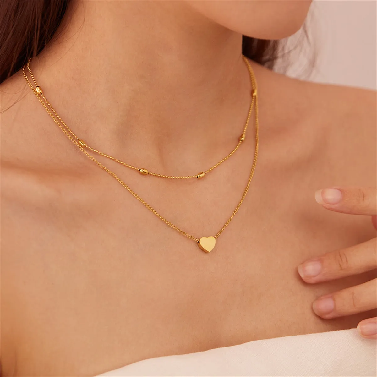 18K Gold-Plated Beaded Choker Necklace & Heart Pendant Necklace