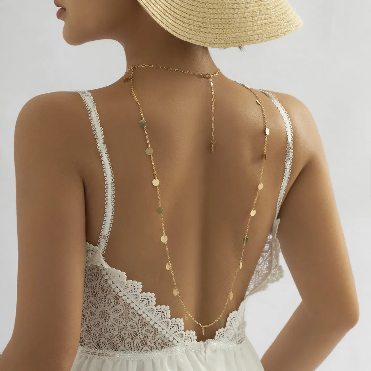 18K Gold-Plated Sequin Choker Necklace & Back Chain