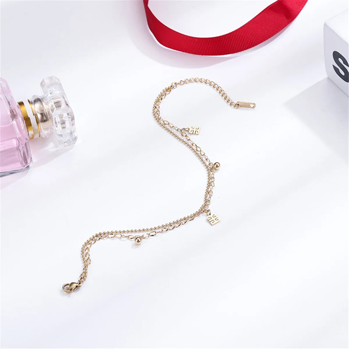 18K Rose Gold Chinese Letter Charm Layer Anklet
