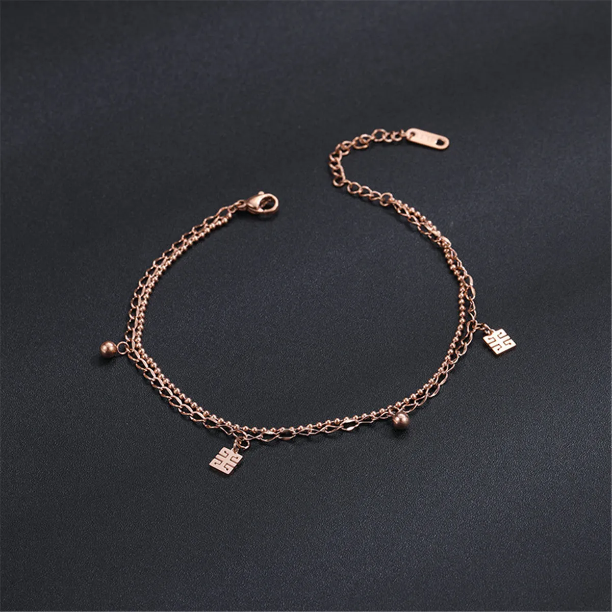 18K Rose Gold Chinese Letter Charm Layer Anklet