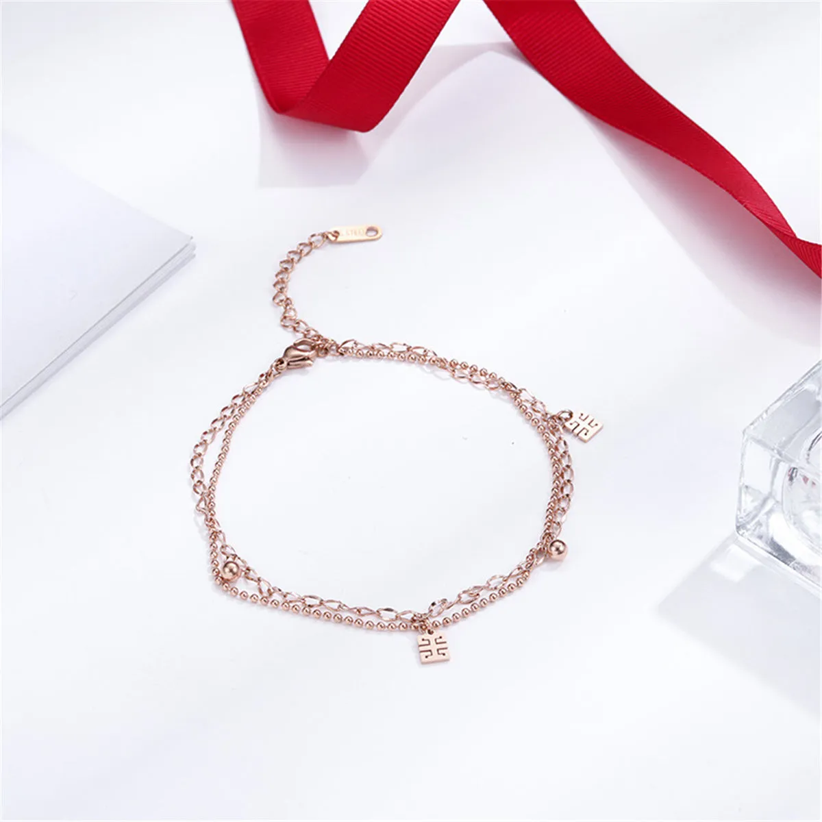 18K Rose Gold Chinese Letter Charm Layer Anklet