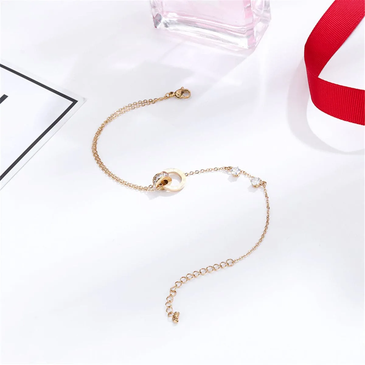 18K Rose Gold-Plated & Cubic Zirconia Crossing Ring Charm Anklet