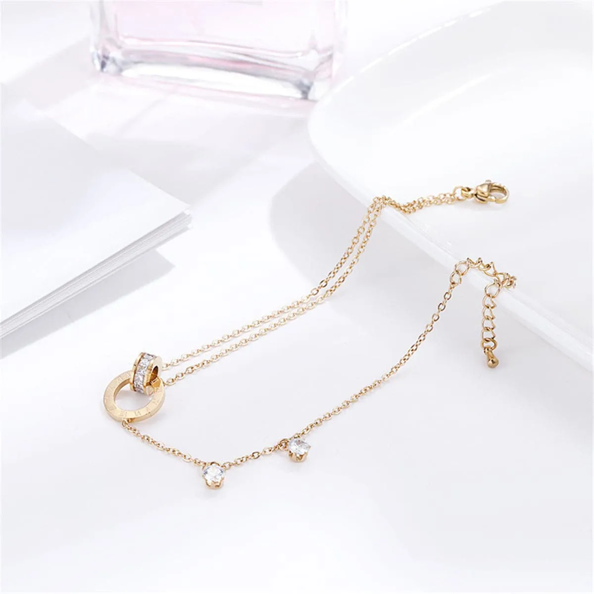 18K Rose Gold-Plated & Cubic Zirconia Crossing Ring Charm Anklet