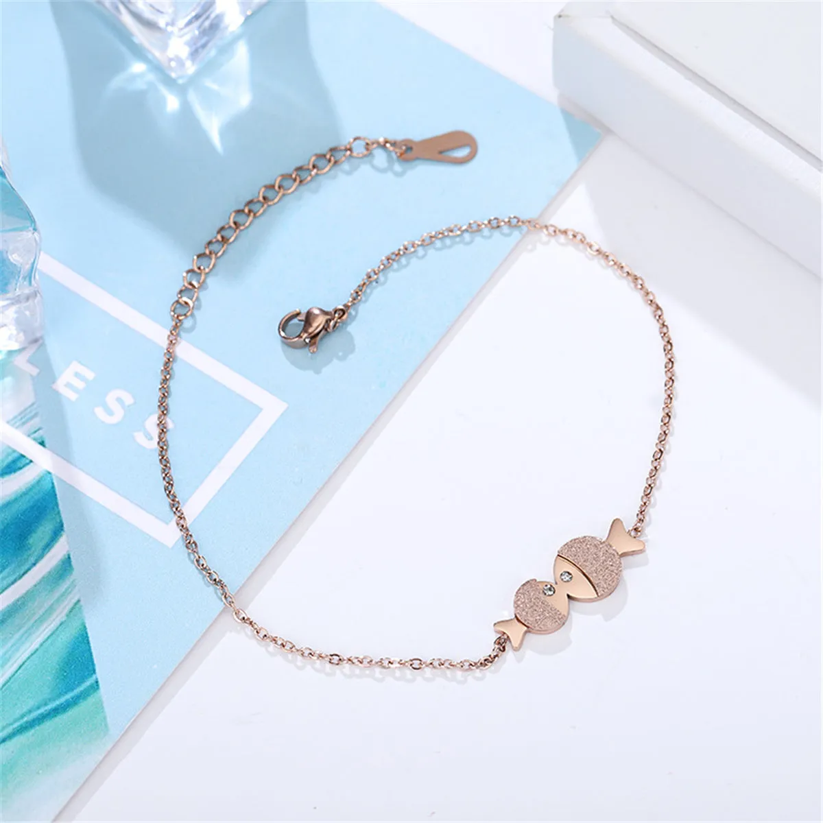 18K Rose Gold-Plated & Cubic Zirconia Double Frosted Fish Anklet
