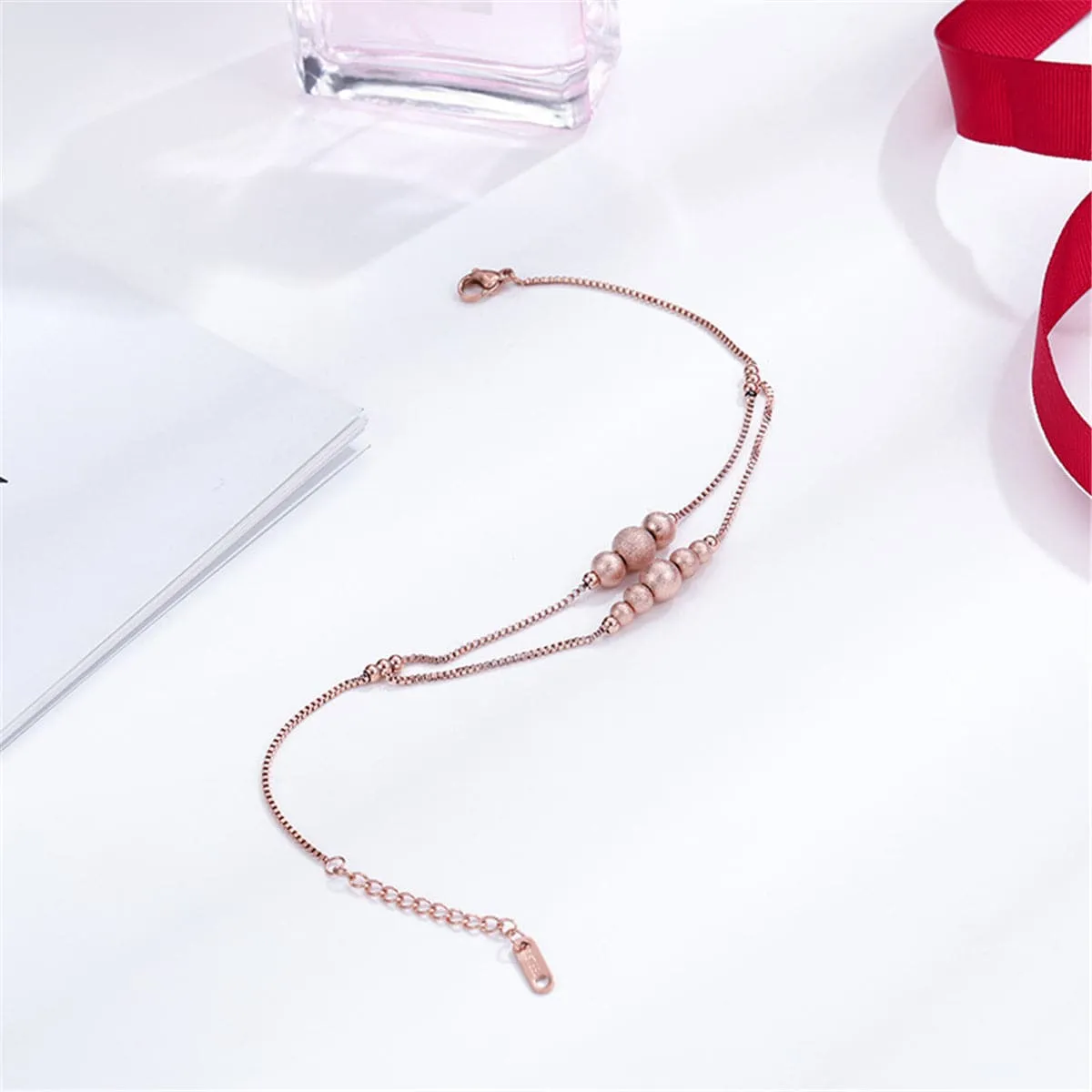18K Rose Gold-Plated Frosted Bead Layer Anklet