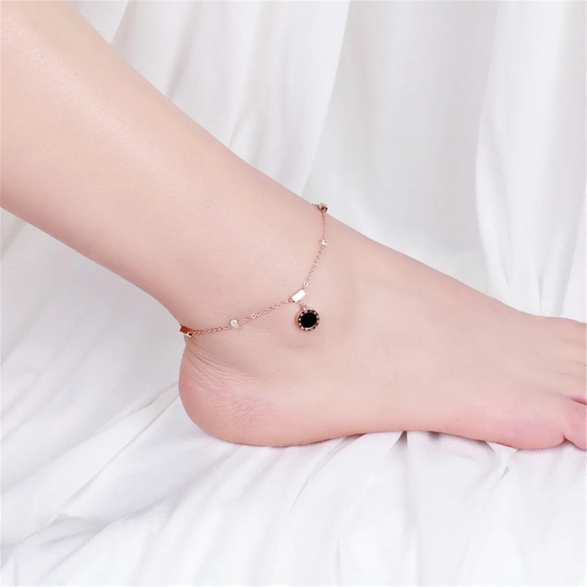 18K Rose Gold-Plated Roman Numeral Charm Anklet