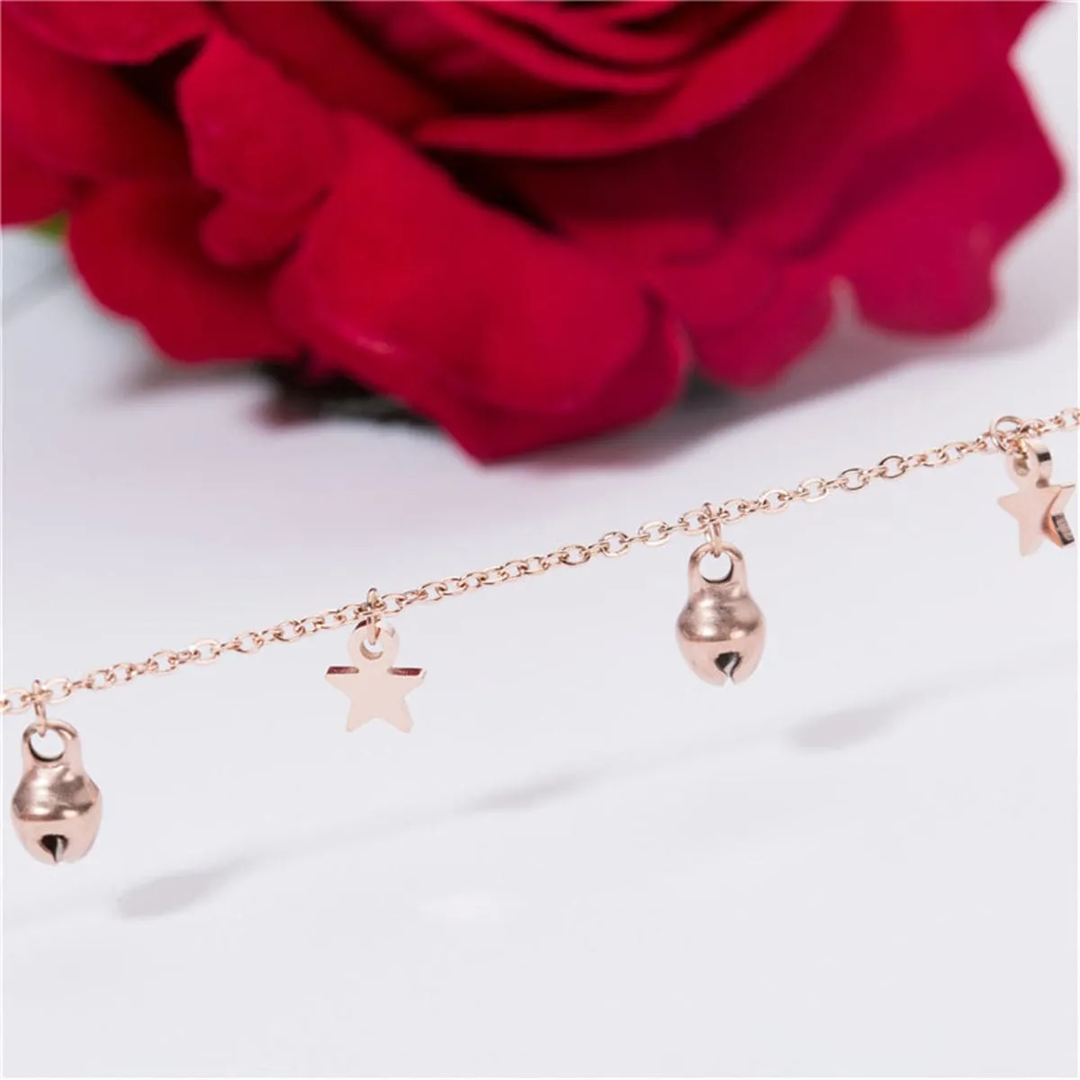 18K Rose Gold-Plated Star & Bell Station Anklet