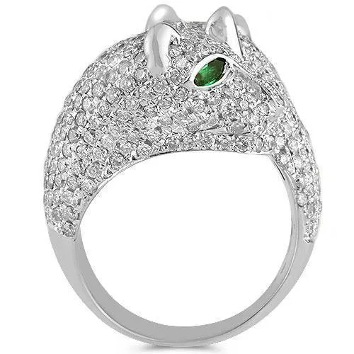 18K White Solid Gold Womens Diamond Emerald Tiger Animal Ring 4.80 Ctw