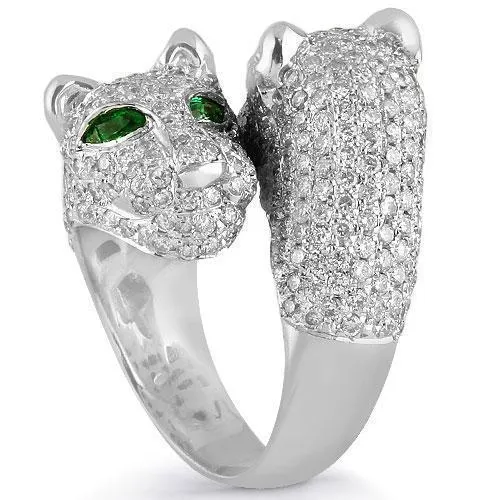 18K White Solid Gold Womens Diamond Emerald Tiger Animal Ring 4.80 Ctw