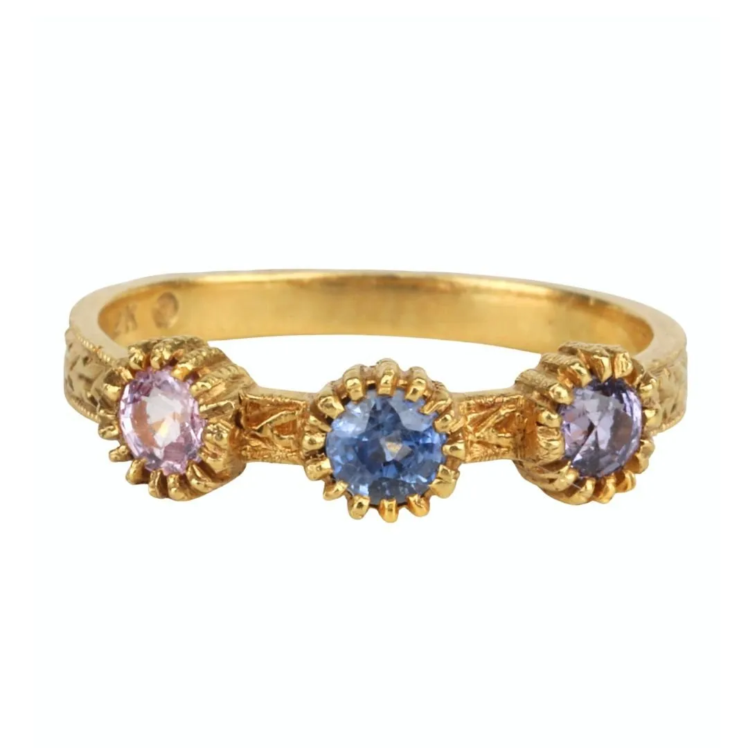 22K Gold Engraved Triple Bezel-Set Multicolor Sapphire Ring