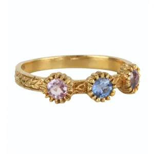 22K Gold Engraved Triple Bezel-Set Multicolor Sapphire Ring