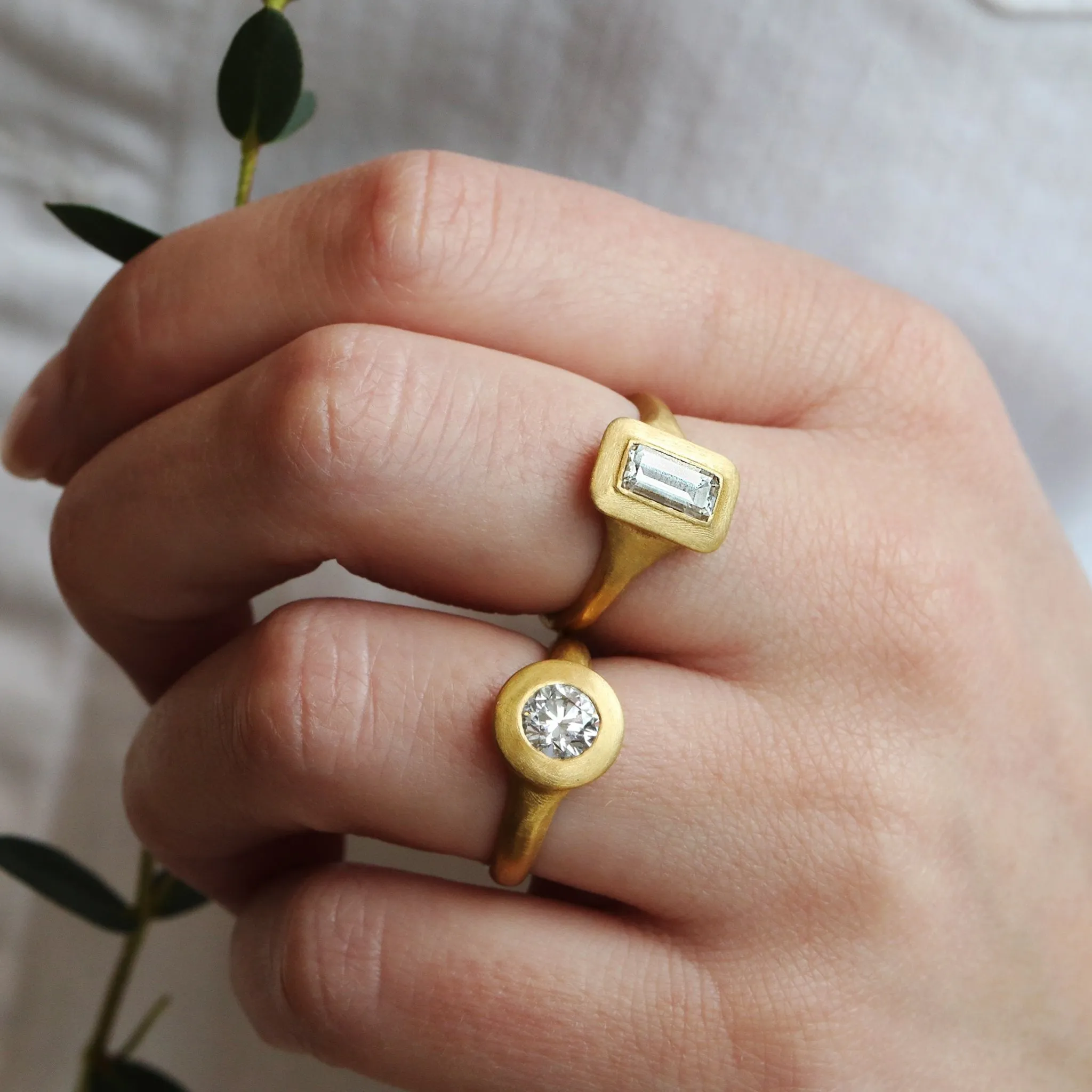 22K Gold "Greek-Inspired" Emerald Cut White Sapphire Baguette Ring