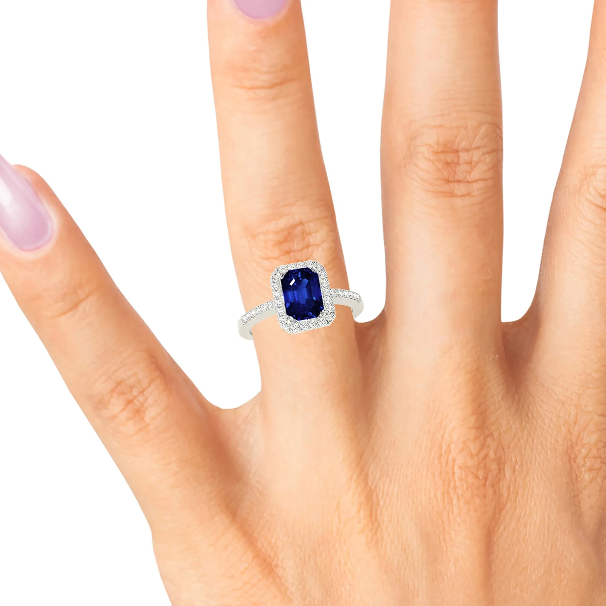 2.30 ct. Genuine Blue, Emerald Cut Sapphire Ring with Halo Style