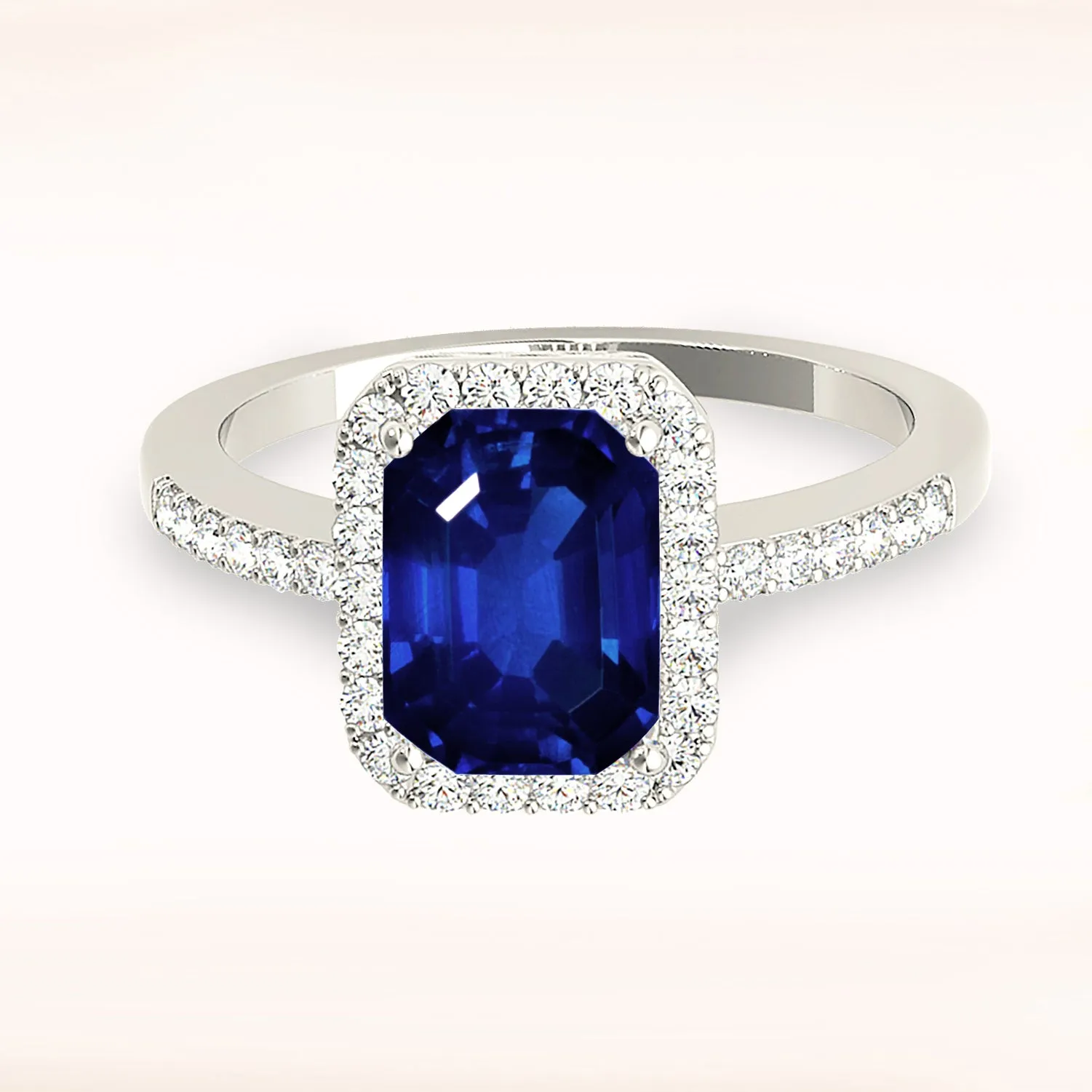 2.30 ct. Genuine Blue, Emerald Cut Sapphire Ring with Halo Style