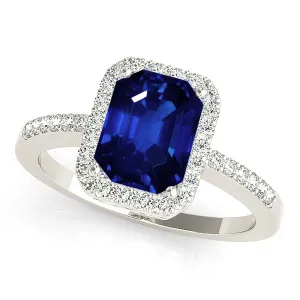 2.30 ct. Genuine Blue, Emerald Cut Sapphire Ring with Halo Style