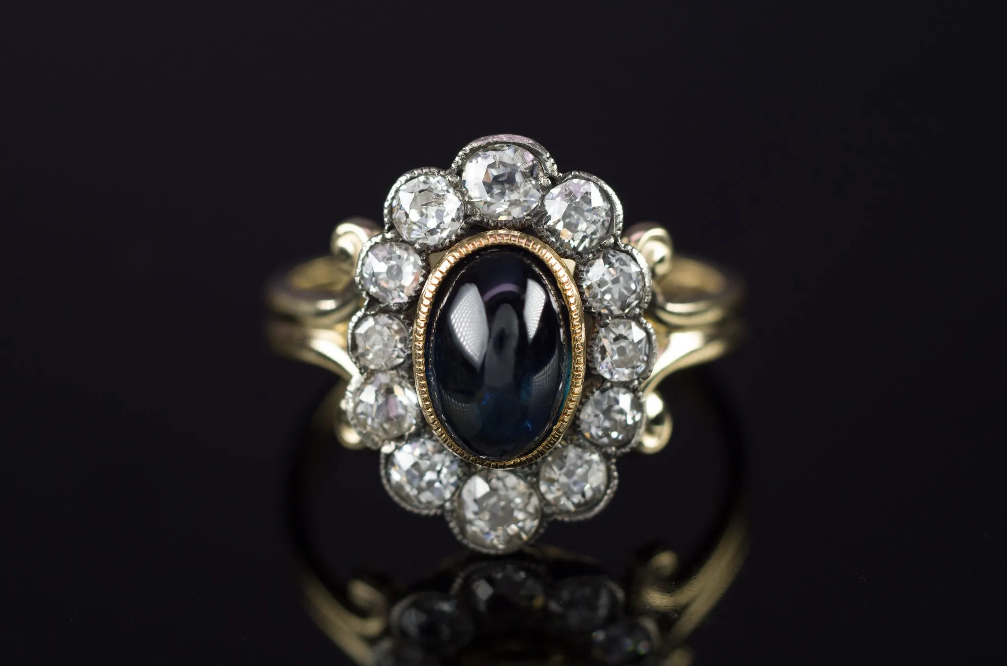 2.35CTW ANTIQUE SAPPHIRE AND OLD CUT DIAMOND HALO RING CONVERSION