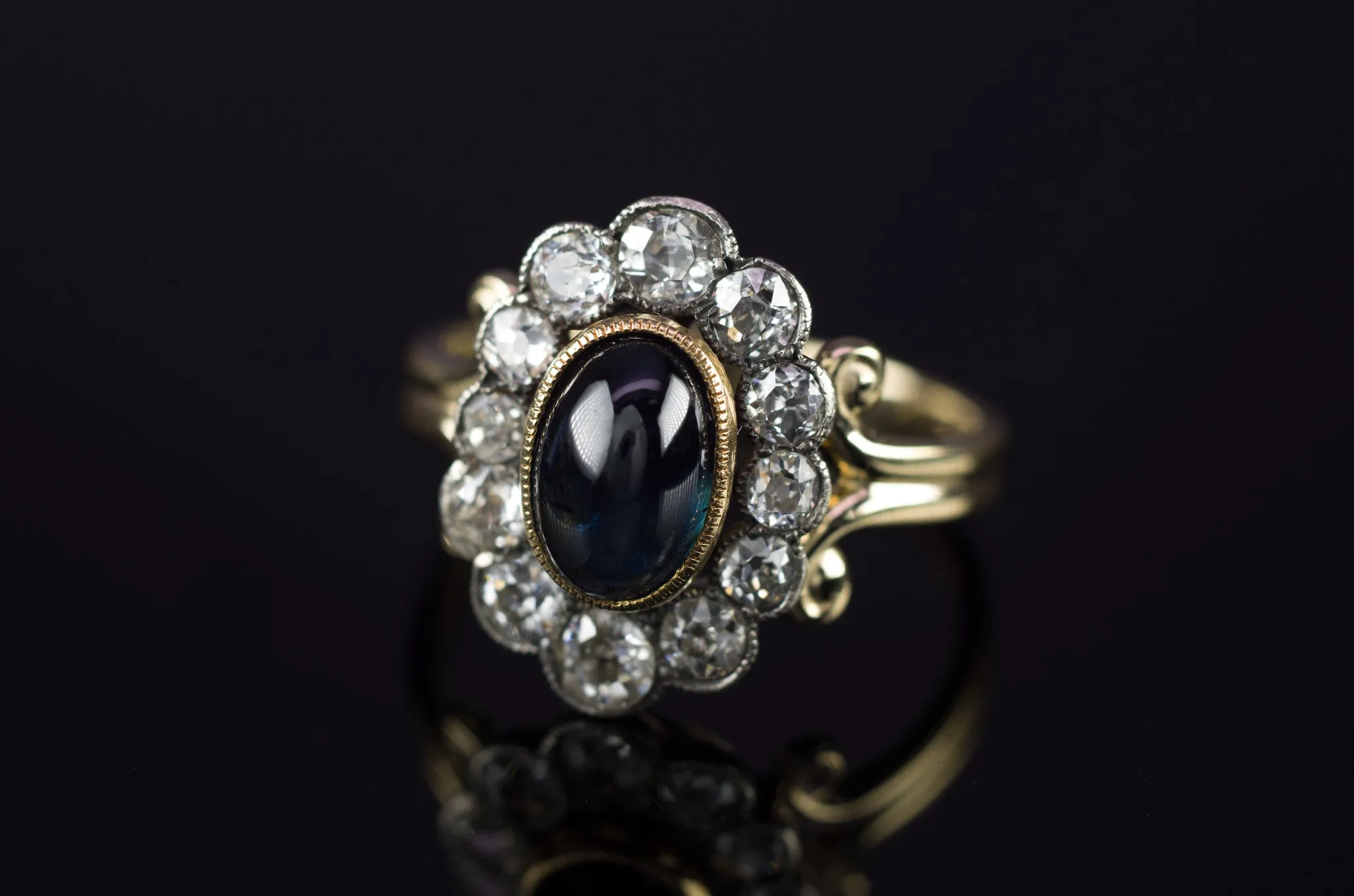 2.35CTW ANTIQUE SAPPHIRE AND OLD CUT DIAMOND HALO RING CONVERSION