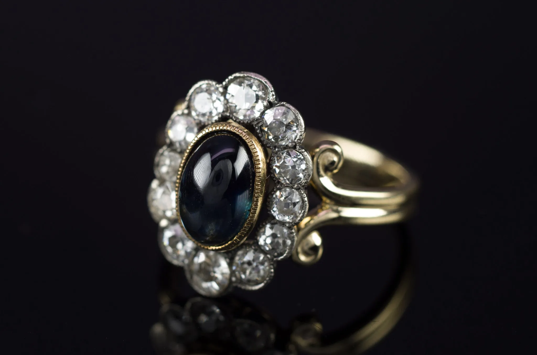 2.35CTW ANTIQUE SAPPHIRE AND OLD CUT DIAMOND HALO RING CONVERSION