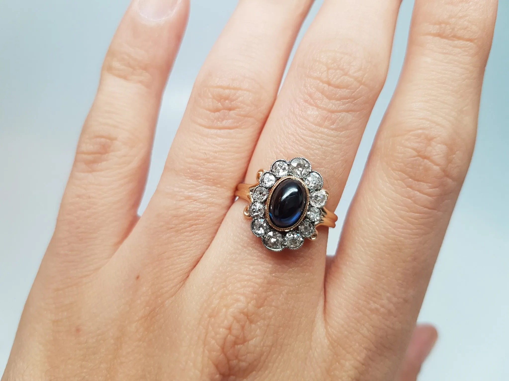 2.35CTW ANTIQUE SAPPHIRE AND OLD CUT DIAMOND HALO RING CONVERSION