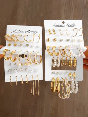 36pairs Faux Pearl & Rhinestone Decor Earrings